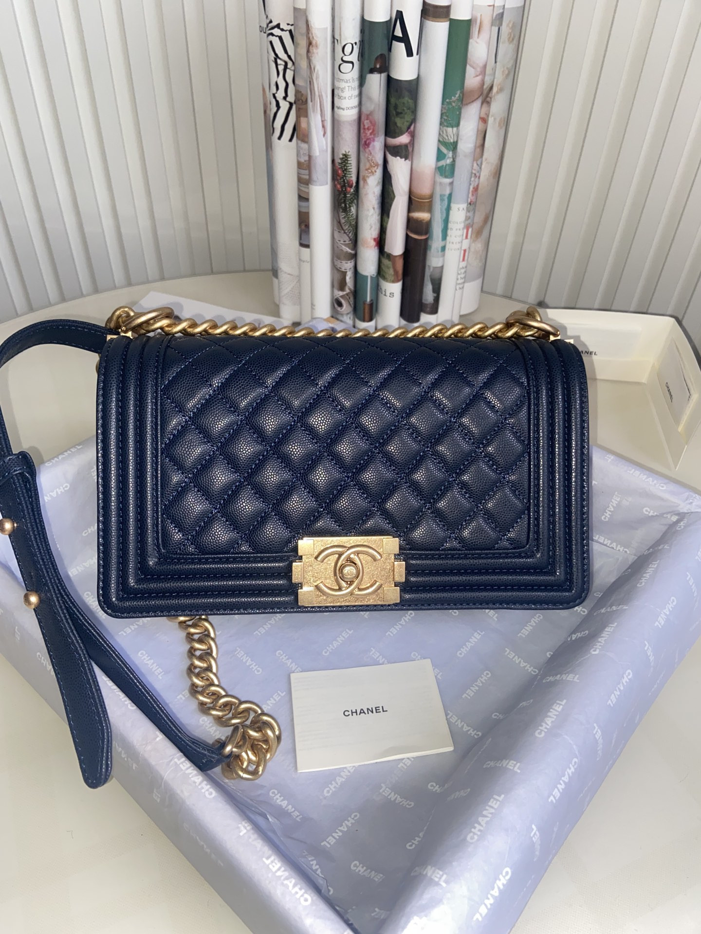 BOY Ch**el HANDBAG Shiny Grained Calfskin & Gold-Tone Metal Navy 5.9 × 9.8 × 3.5 in
