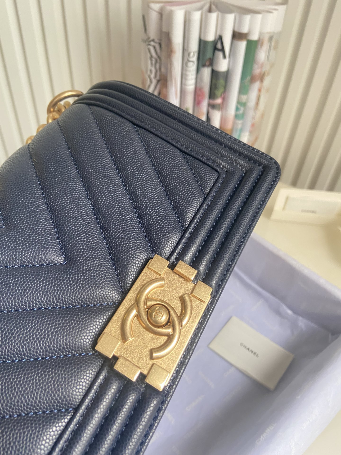BOY Ch**el HANDBAG Shiny Grained Calfskin & Gold-Tone Metal Navy 5.9 × 9.8 × 3.5 in