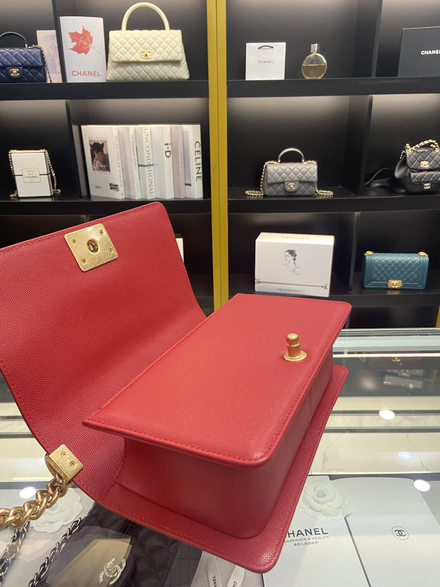 BOY Ch**el HANDBAG Shiny Red Grained Calfskin & Gold-Tone Metal 5.9 × 9.8 × 3.5 in
