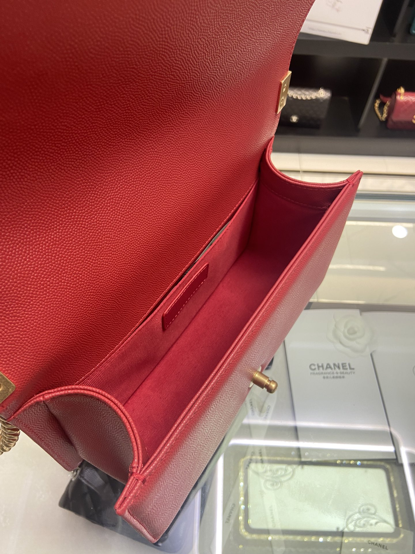 BOY Ch**el HANDBAG Shiny Red Grained Calfskin & Gold-Tone Metal 5.9 × 9.8 × 3.5 in