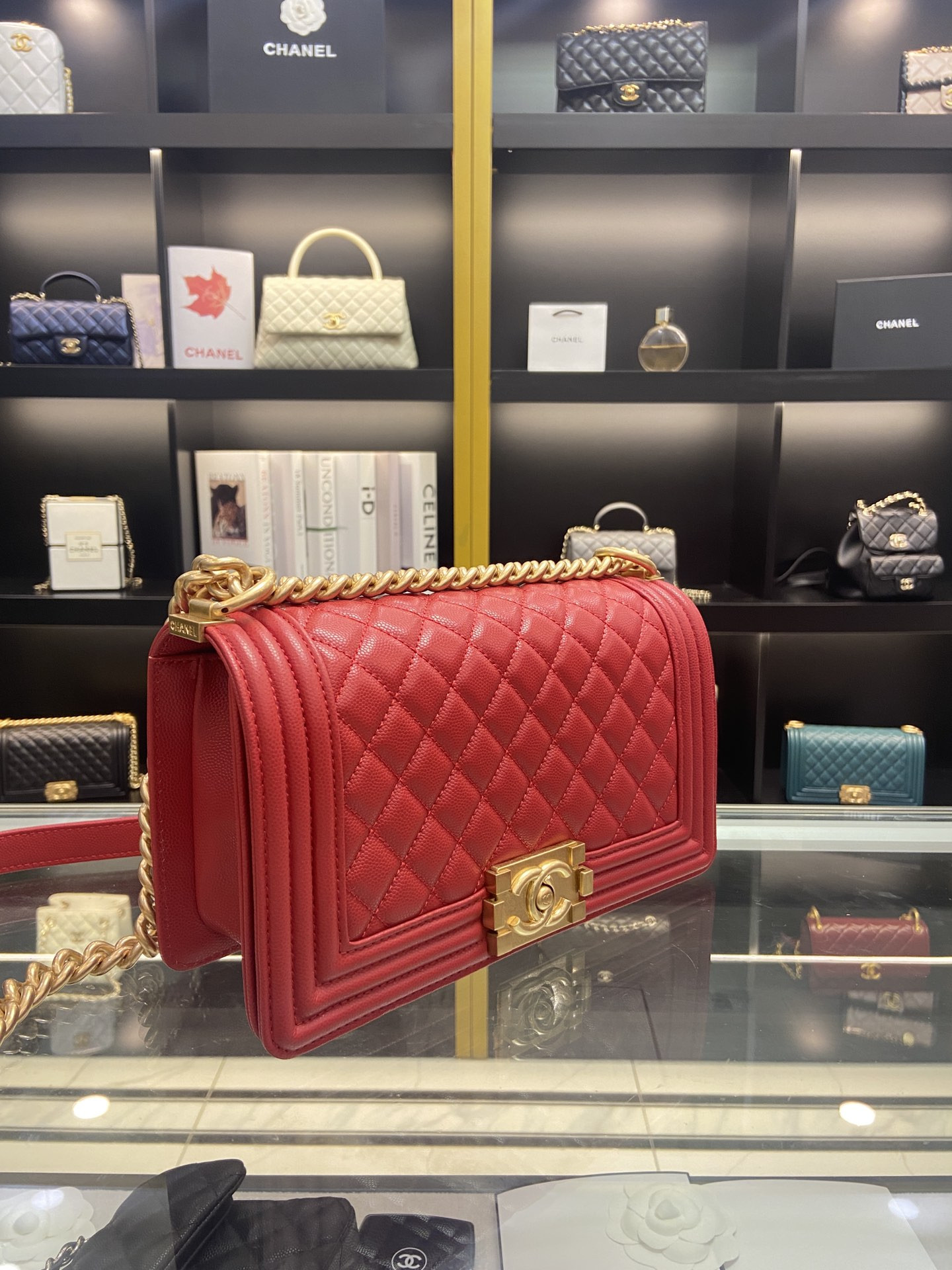 BOY Ch**el HANDBAG Shiny Red Grained Calfskin & Gold-Tone Metal 5.9 × 9.8 × 3.5 in