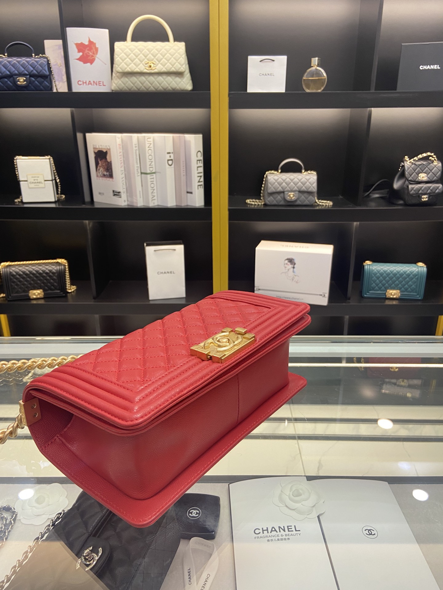 BOY Ch**el HANDBAG Shiny Red Grained Calfskin & Gold-Tone Metal 5.9 × 9.8 × 3.5 in