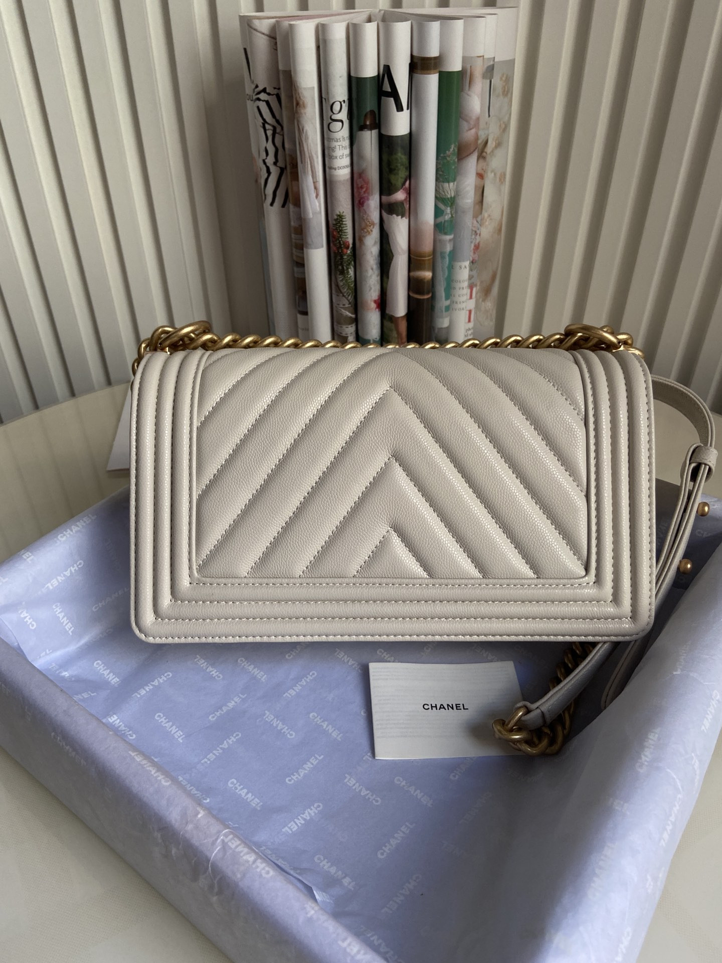 BOY Ch**el HANDBAG Shiny Grained Calfskin & Gold-Tone Metal Beige 5.9 × 9.8 × 3.5 in