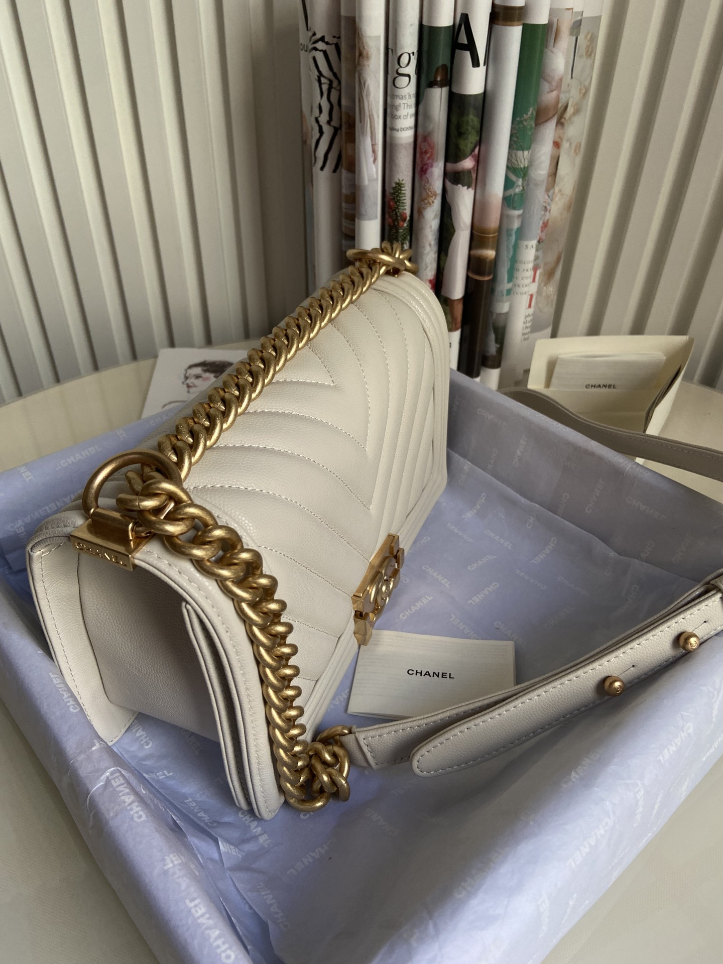 BOY Ch**el HANDBAG Shiny Grained Calfskin & Gold-Tone Metal Beige 5.9 × 9.8 × 3.5 in