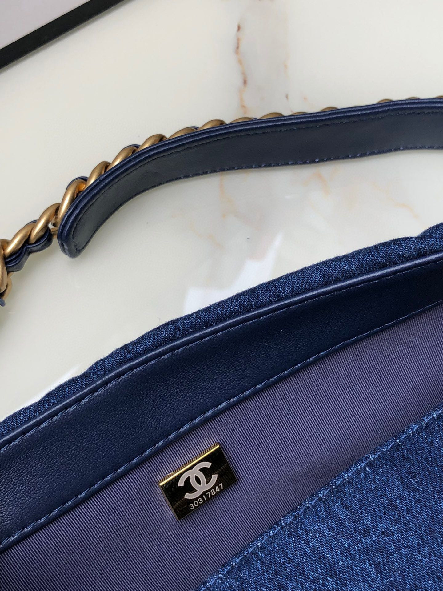 Ch**el 19 LARGE HANDBAG, Gold-Tone, Silver-Tone & Ruthenium-Finish Metal Blue 7.8 × 11.7 × 3.9 in