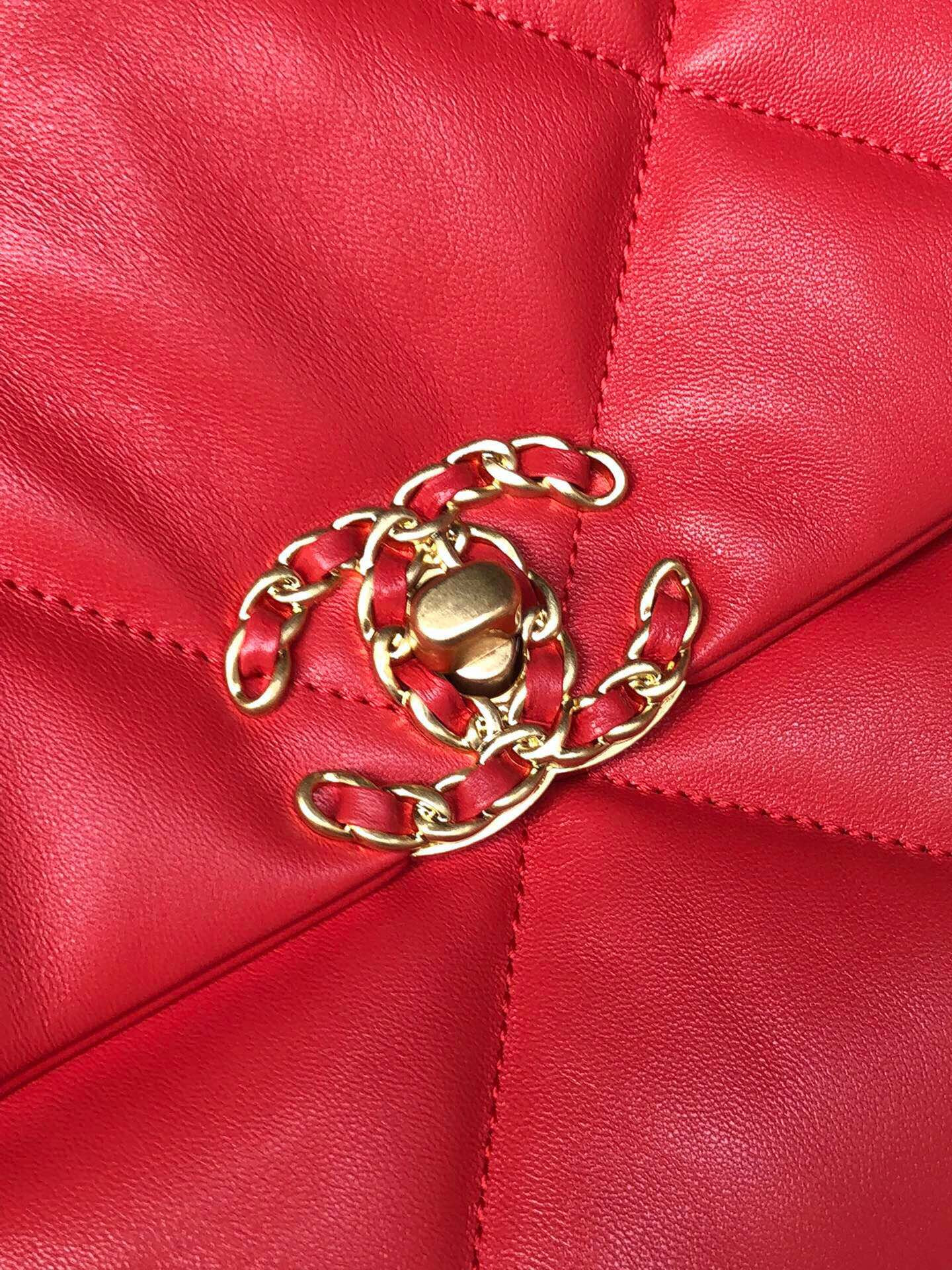 Ch**el 19 LARGE HANDBAG Shiny Leather Red, Gold-Tone, Silver-Tone & Ruthenium-Finish Metal 7.8 × 11.7 × 3.9 in