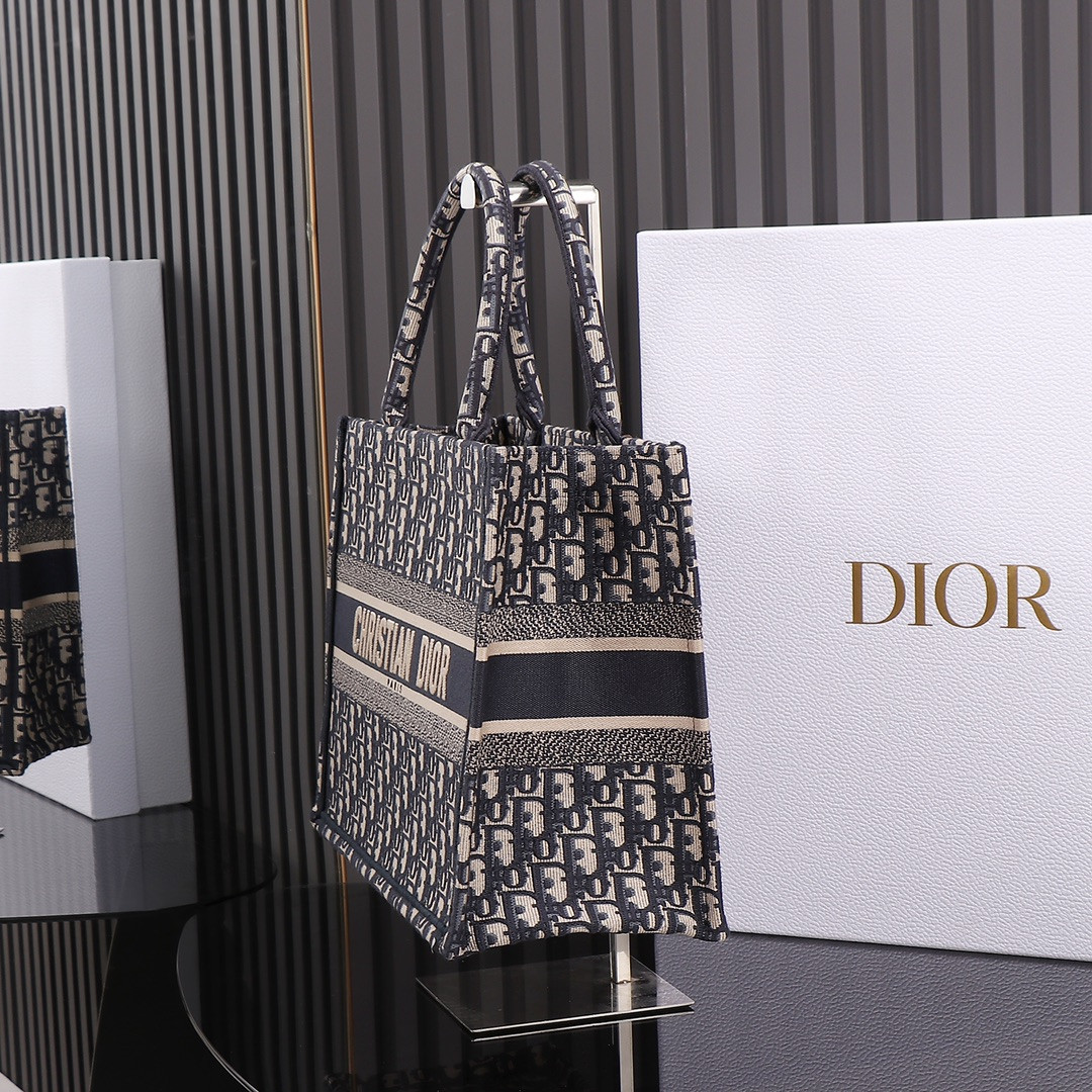 Medium D10r Book Tote  Ecru and Blue D10r Oblique Embroidery 14 x 11 x 6.5 inches