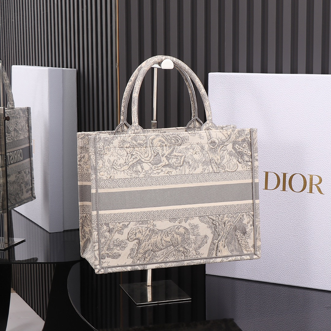 Medium D10r Book Tote Ecru and Gray Toile de Jouy Embroidery 14 x 11 x 6.5 inches