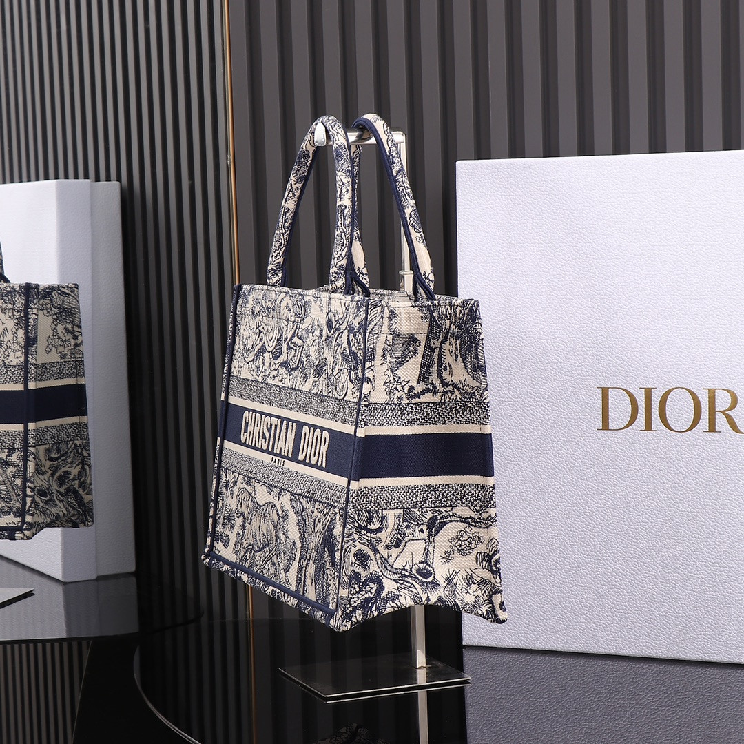 Medium D10r Book Tote  Ecru and Blue Toile de Jouy Embroidery 14 x 11 x 6.5 inches