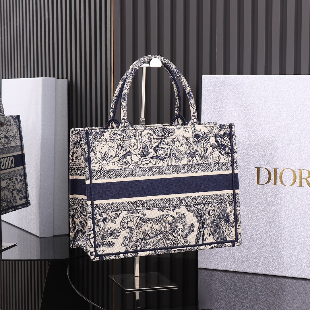 Medium D10r Book Tote  Ecru and Blue Toile de Jouy Embroidery 14 x 11 x 6.5 inches