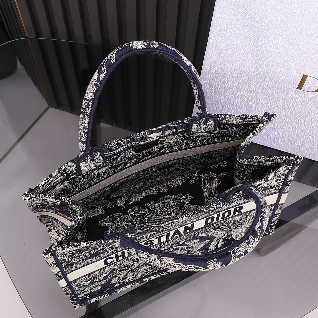 Medium D10r Book Tote  Blue and Ecru Toile de Jouy Reverse Embroidery 14 x 11 x 6.5 inches