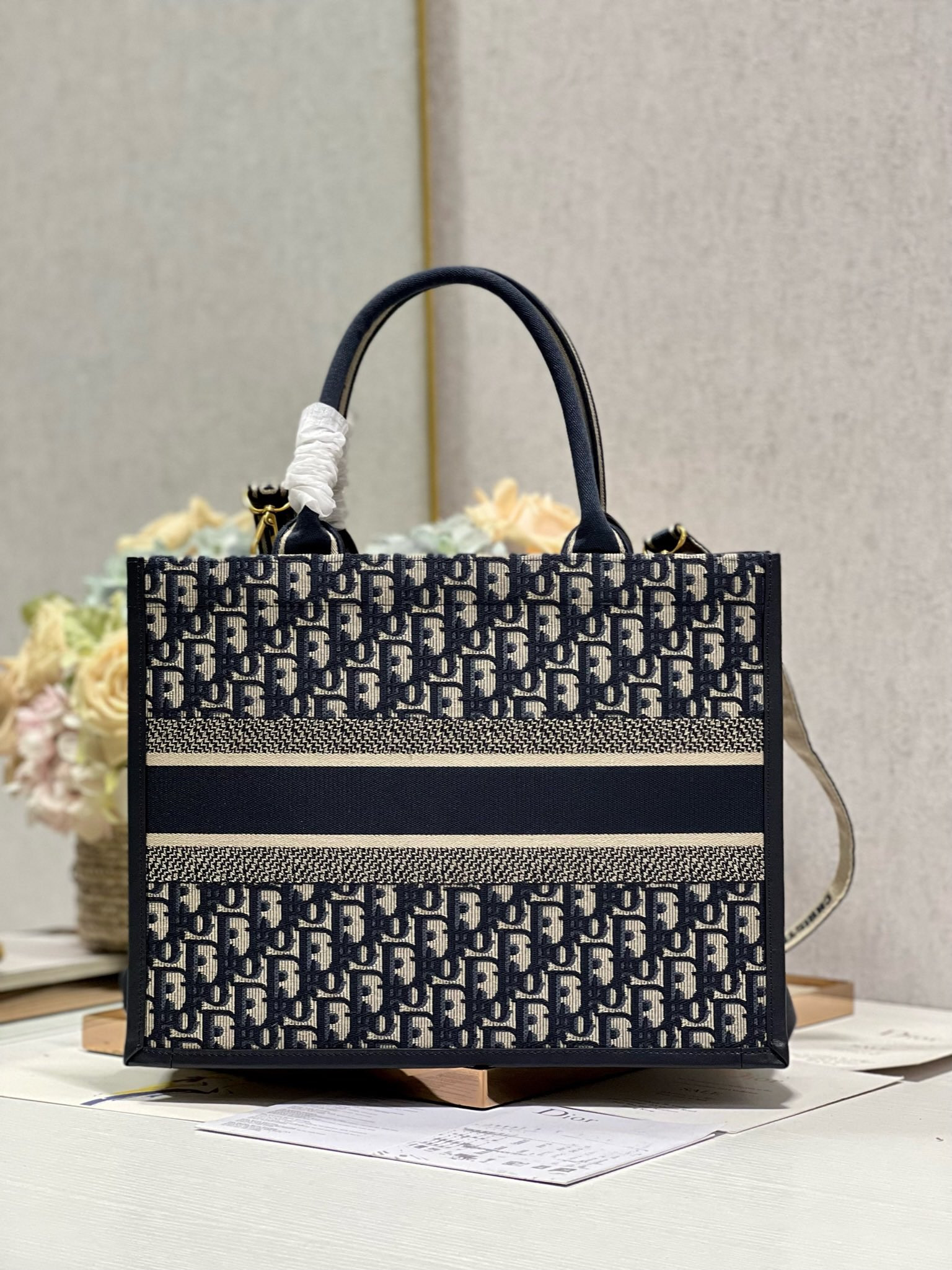 Medium D10r Book Tote Ecru and Blue D10r Oblique Embroidery 14 x 11 x 6.5 inches