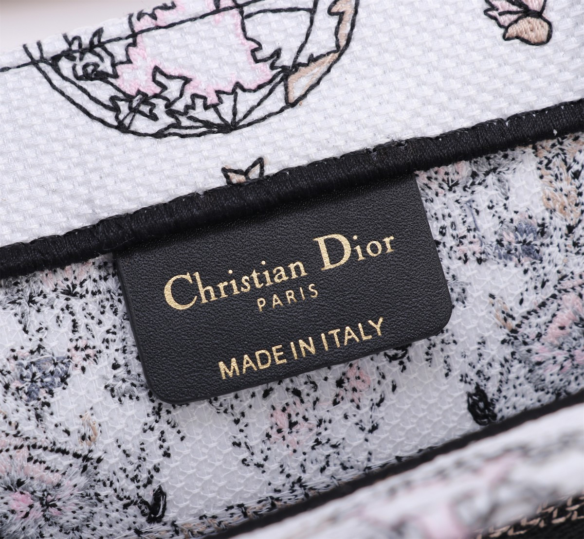 Medium D10r Book Tote  White and Pastel Pink Butterfly Around The World Embroidery 14 x 11 x 6.5 inches