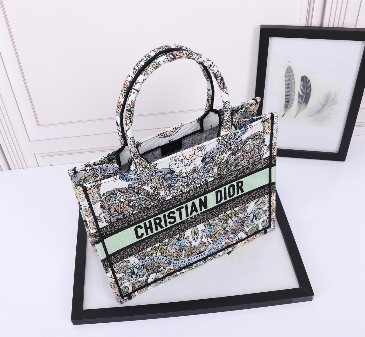 Medium D10r Book Tote  White Multicolor Toile de Jouy Mexico Embroidery 14 x 11 x 6.5 inches