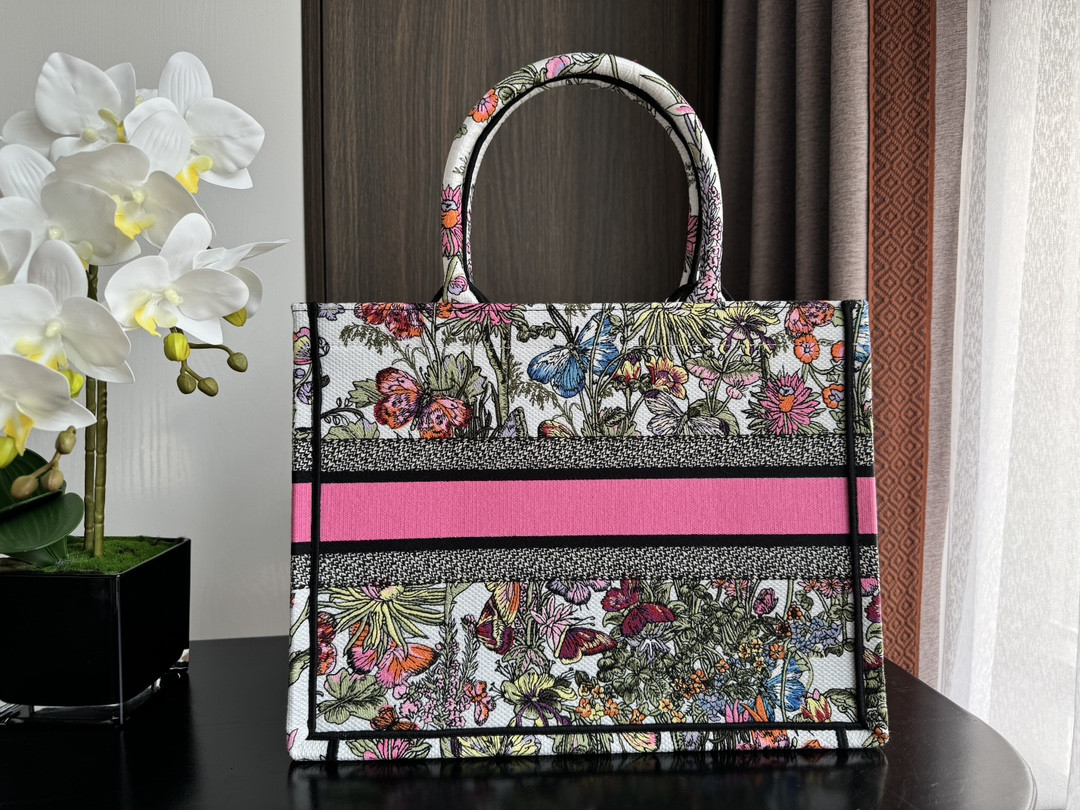 Medium D10r Book Tote  White Multicolor Mexico Millefiori Embroidery 14 x 11 x 6.5 inches