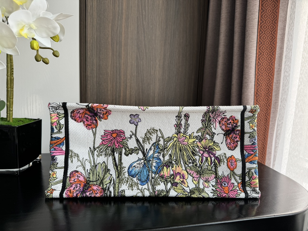 Medium D10r Book Tote  White Multicolor Mexico Millefiori Embroidery 14 x 11 x 6.5 inches