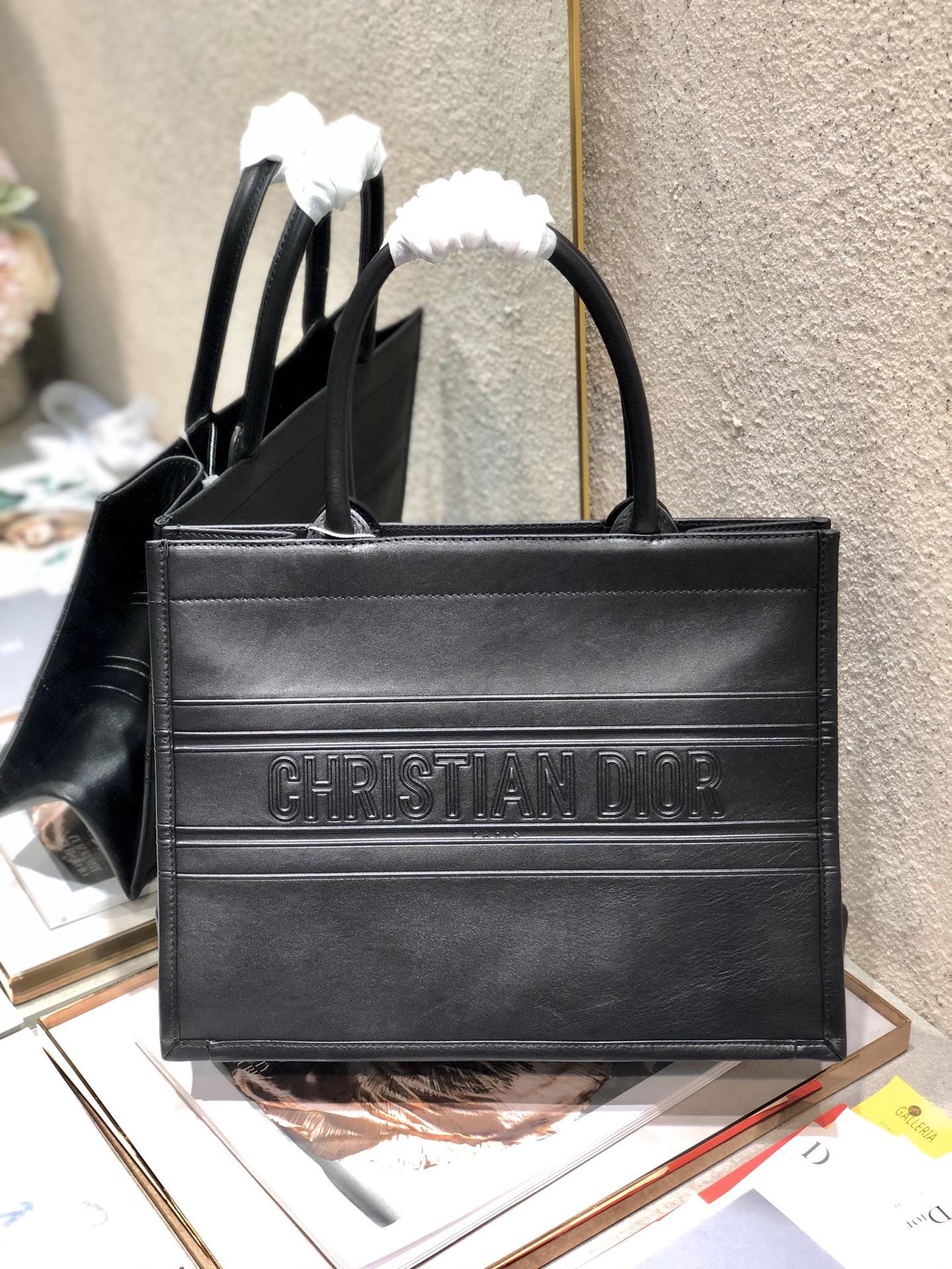 Calfskin Embossed Medium D10r Book Tote Black 14 x 11 x 6.5 inches