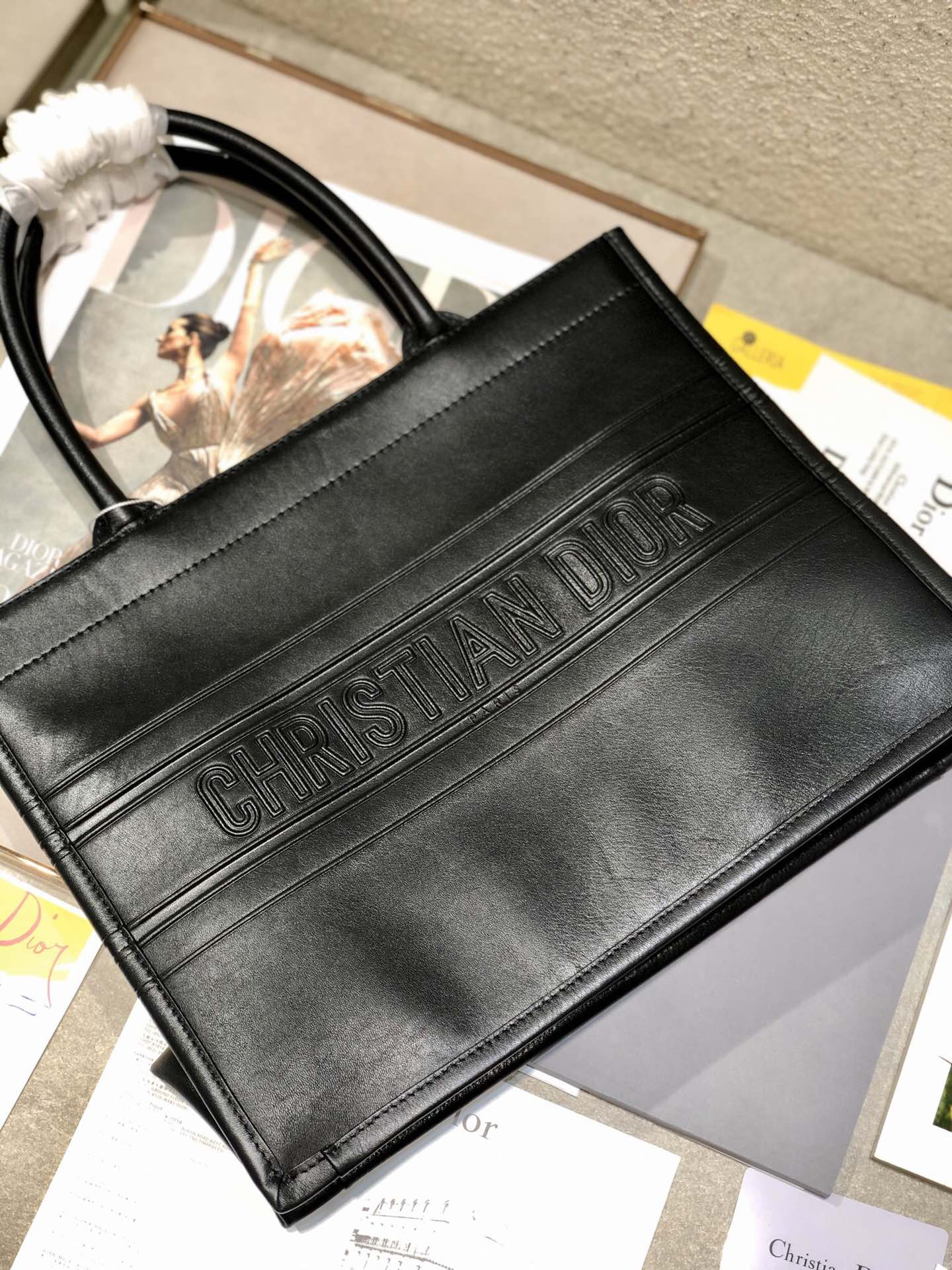 Calfskin Embossed Medium D10r Book Tote Black 14 x 11 x 6.5 inches