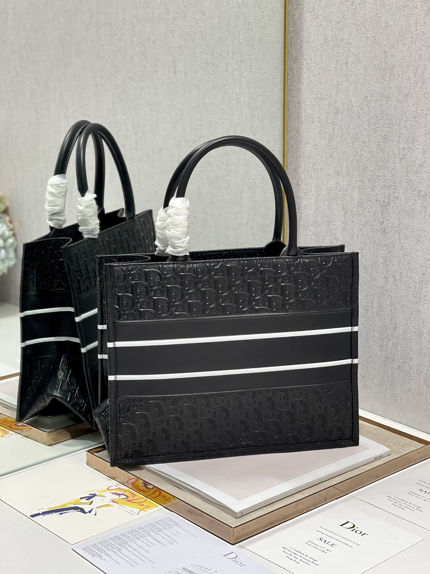 Calfskin Embossed Medium D10r Book Tote Black WHITE 14 x 11 x 6.5 inches