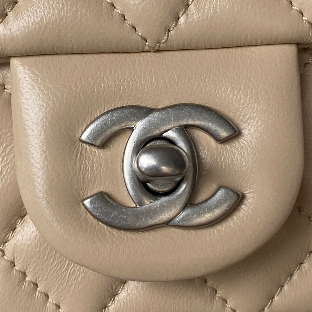 Ch**el MINI FLAP BAG SHINY CALFSKIN & SILVER-TONE METAL LIGHT beige 4.7 × 7.8 × 2.3 in