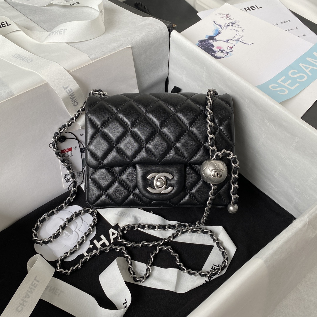 Ch**el MINI FLAP BAG SHINY CALFSKIN & SILVER-Tone METAL BLACK 5.3 × 6.6 × 3.1 in
