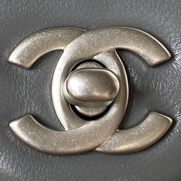 Ch**el MINI FLAP BAG SHINY CALFSKIN & SILVER-Tone METAL GRAY 5.3 × 6.6 × 3.1 in