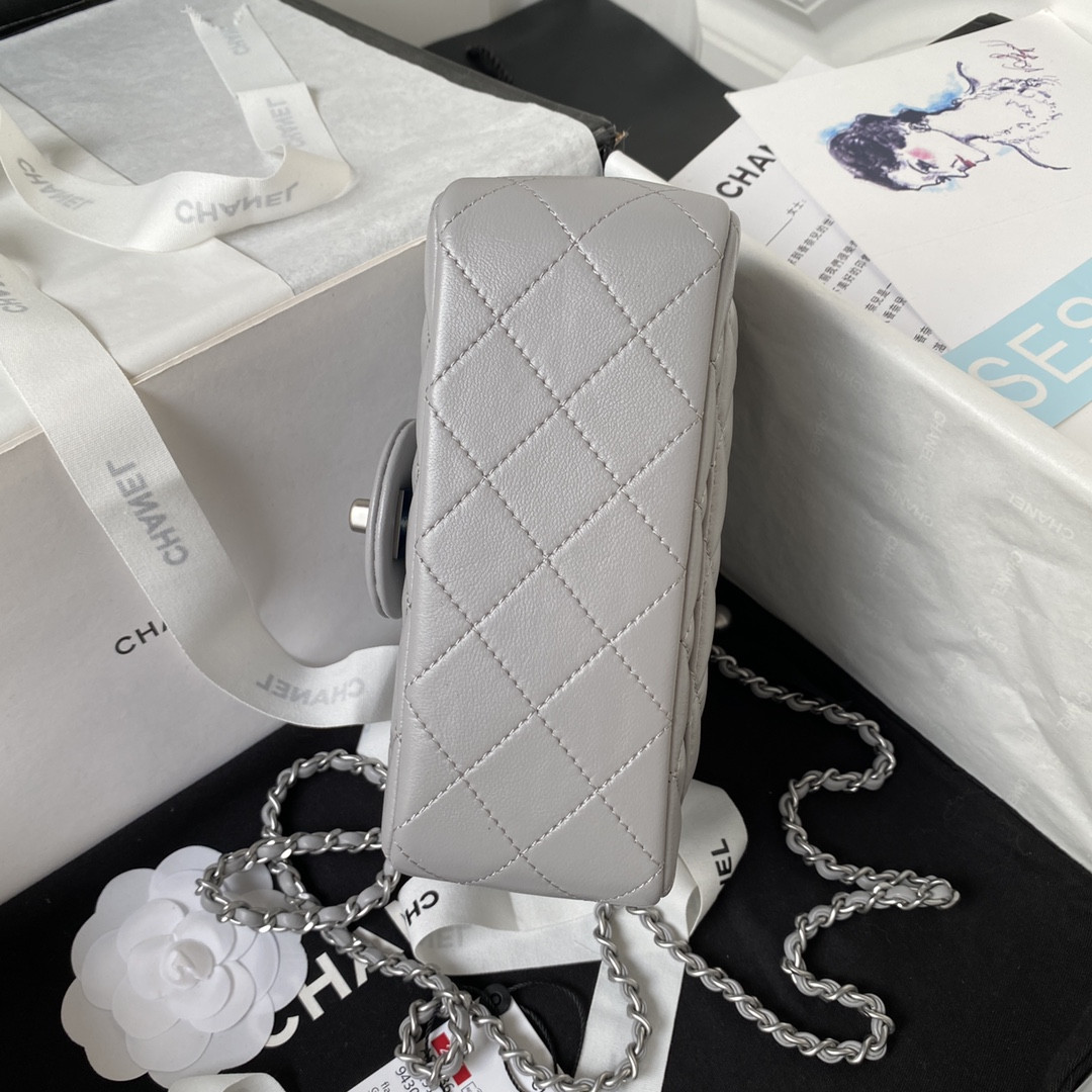 Ch**el MINI FLAP BAG SHINY CALFSKIN & SILVER-Tone METAL LIGHT GRAY 5.3 × 6.6 × 3.1 in