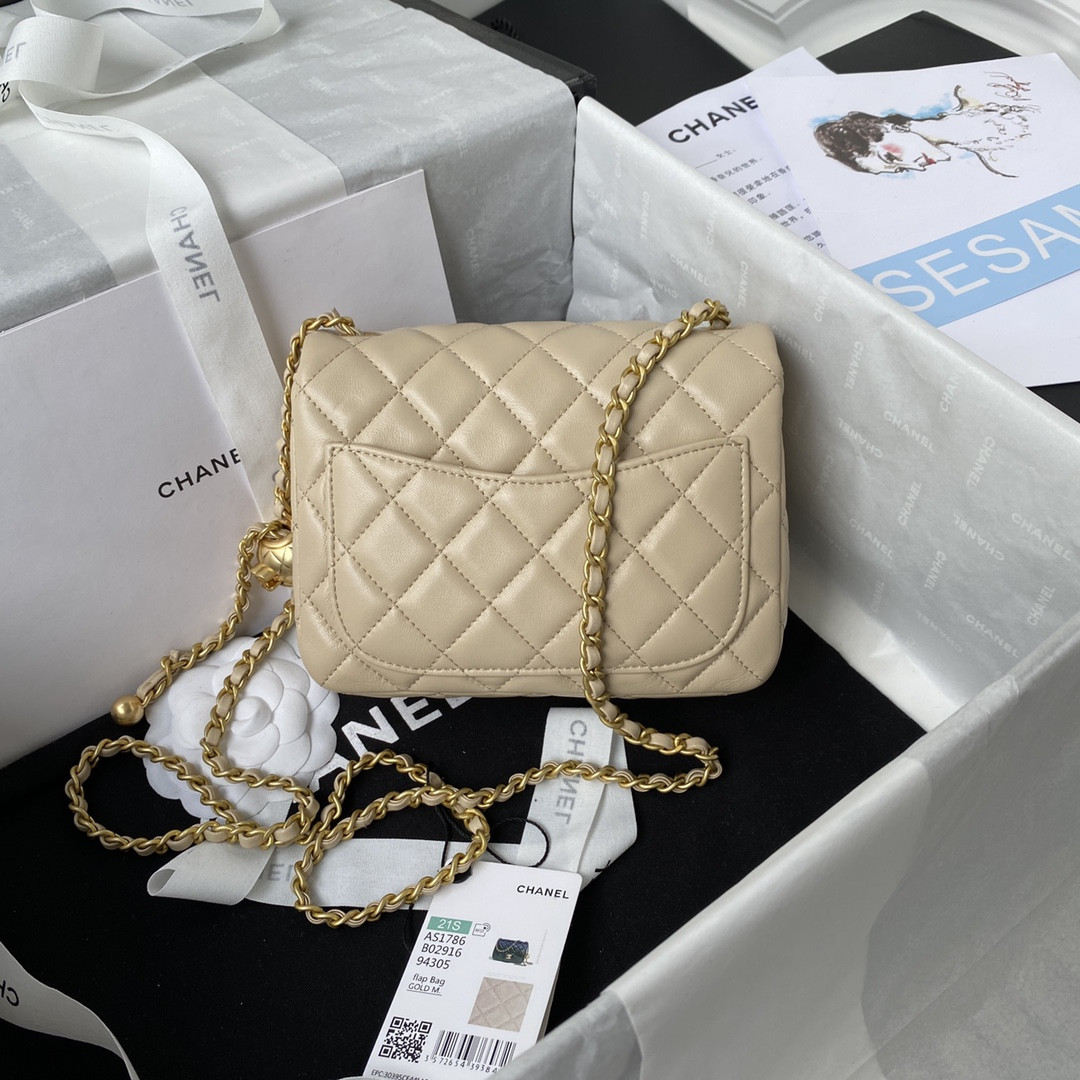 Ch**el MINI FLAP BAG SHINY CALFSKIN & Gold-Tone METAL Beige 5.3 × 6.6 × 3.1 in