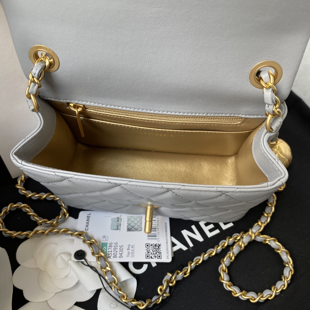 Ch**el MINI FLAP BAG SHINY CALFSKIN & Gold-Tone METAL LIGHT BLUE 5.3 × 6.6 × 3.1 in