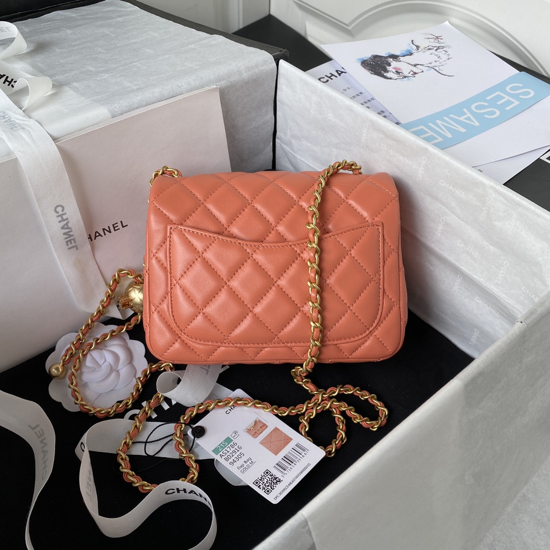 Ch**el MINI FLAP BAG SHINY CALFSKIN & Gold-Tone METAL ORANGE 5.3 × 6.6 × 3.1 in