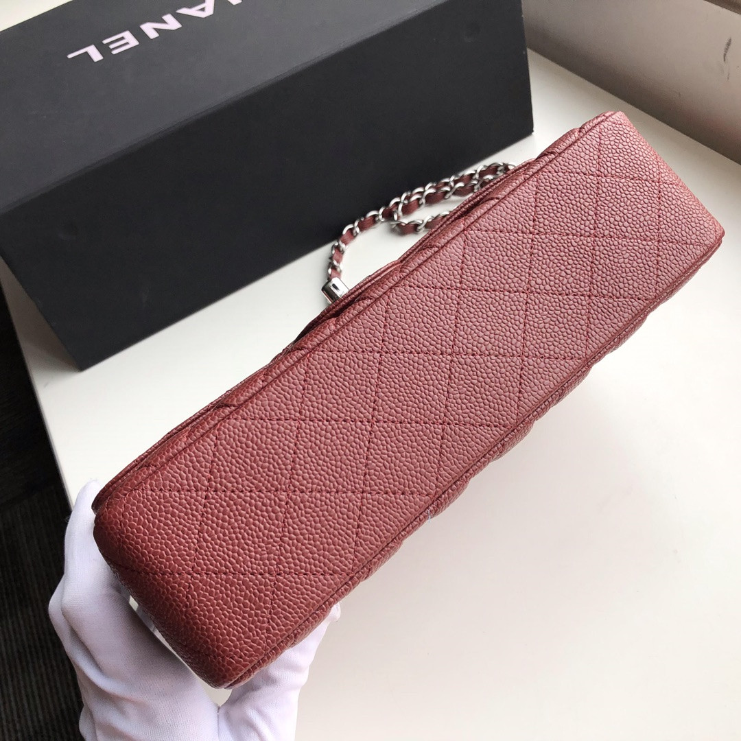 Ch**el CLASSIC HANDBAG GRAINED CALFSKIN & SILVER-TONE METAL red 6 × 9.9 × 2.5 in