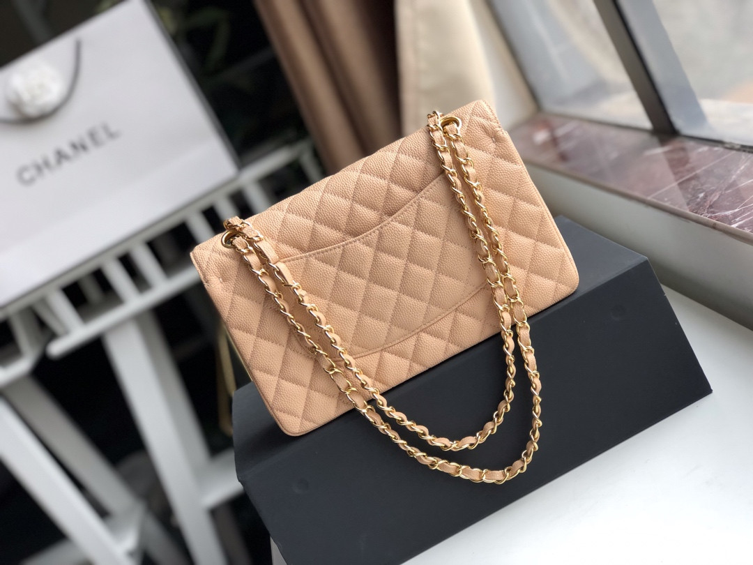 Ch**el CLASSIC HANDBAG GRAINED CALFSKIN & Gold-TONE METAL COFFEE 6 × 9.9 × 2.5 in