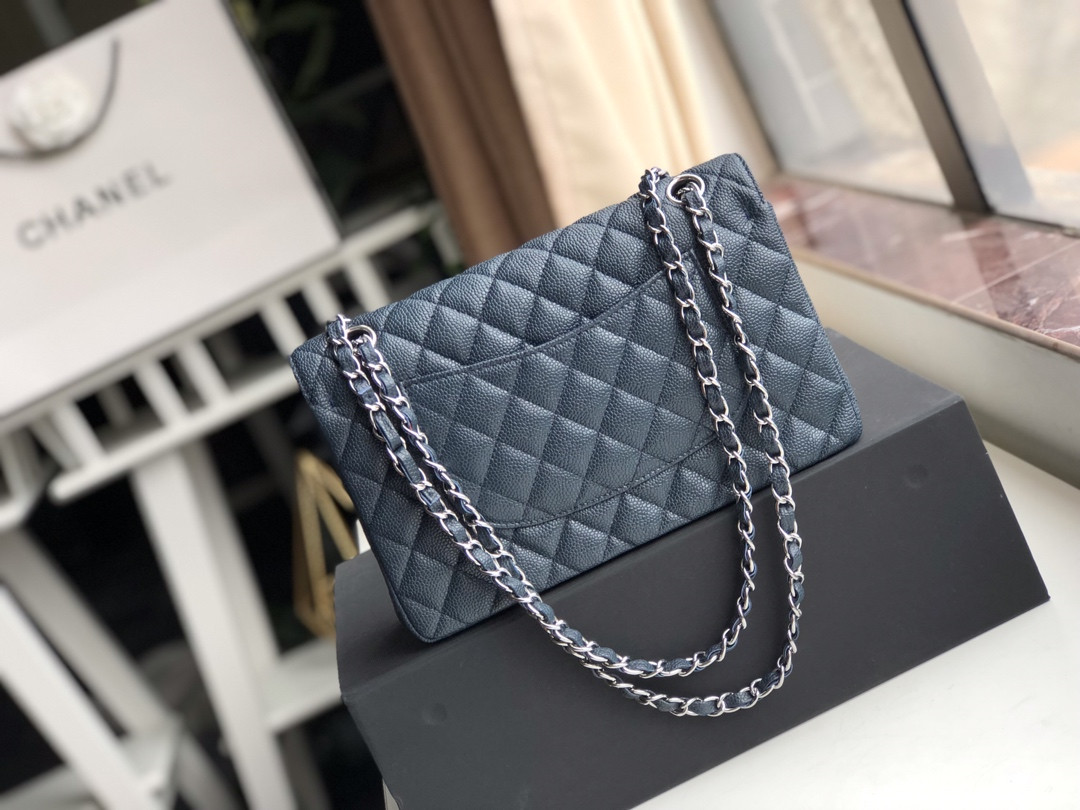 Ch**el CLASSIC HANDBAG GRAINED CALFSKIN & SILVER-TONE METAL NAVY 6 × 9.9 × 2.5 in