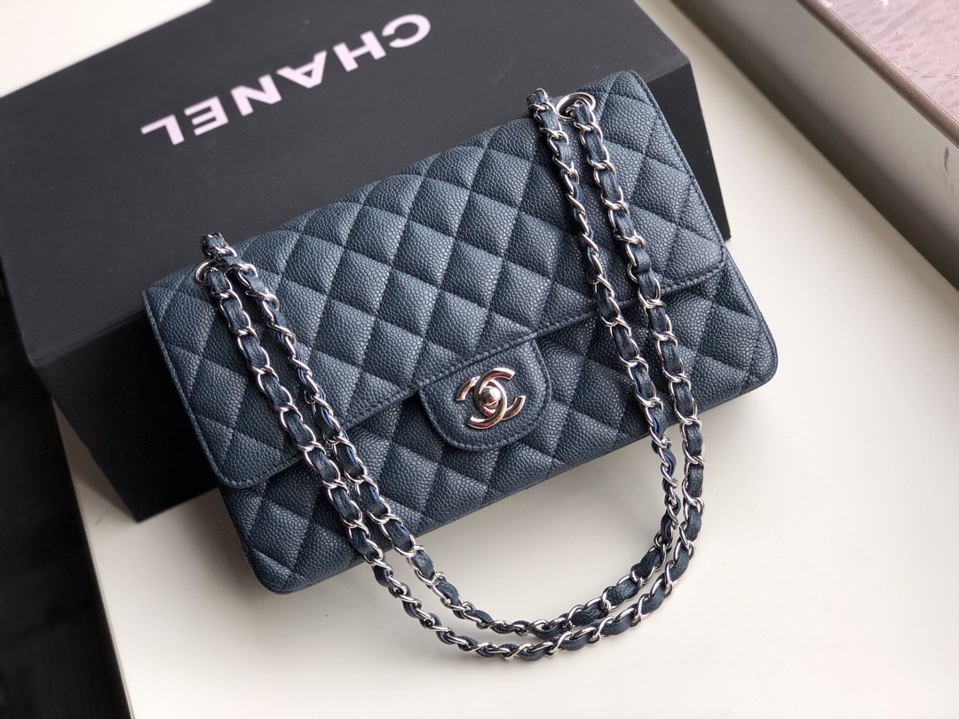 Ch**el CLASSIC HANDBAG GRAINED CALFSKIN & SILVER-TONE METAL NAVY 6 × 9.9 × 2.5 in