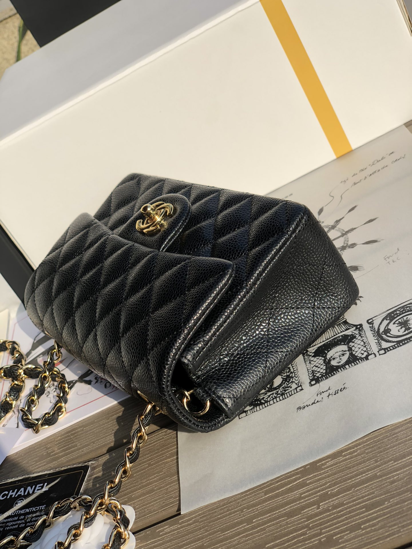 Ch**el MINI FLAP BAG BLACK WITH GOLD-TONE MENTAL 4.7 × 7.8 × 2.3 in