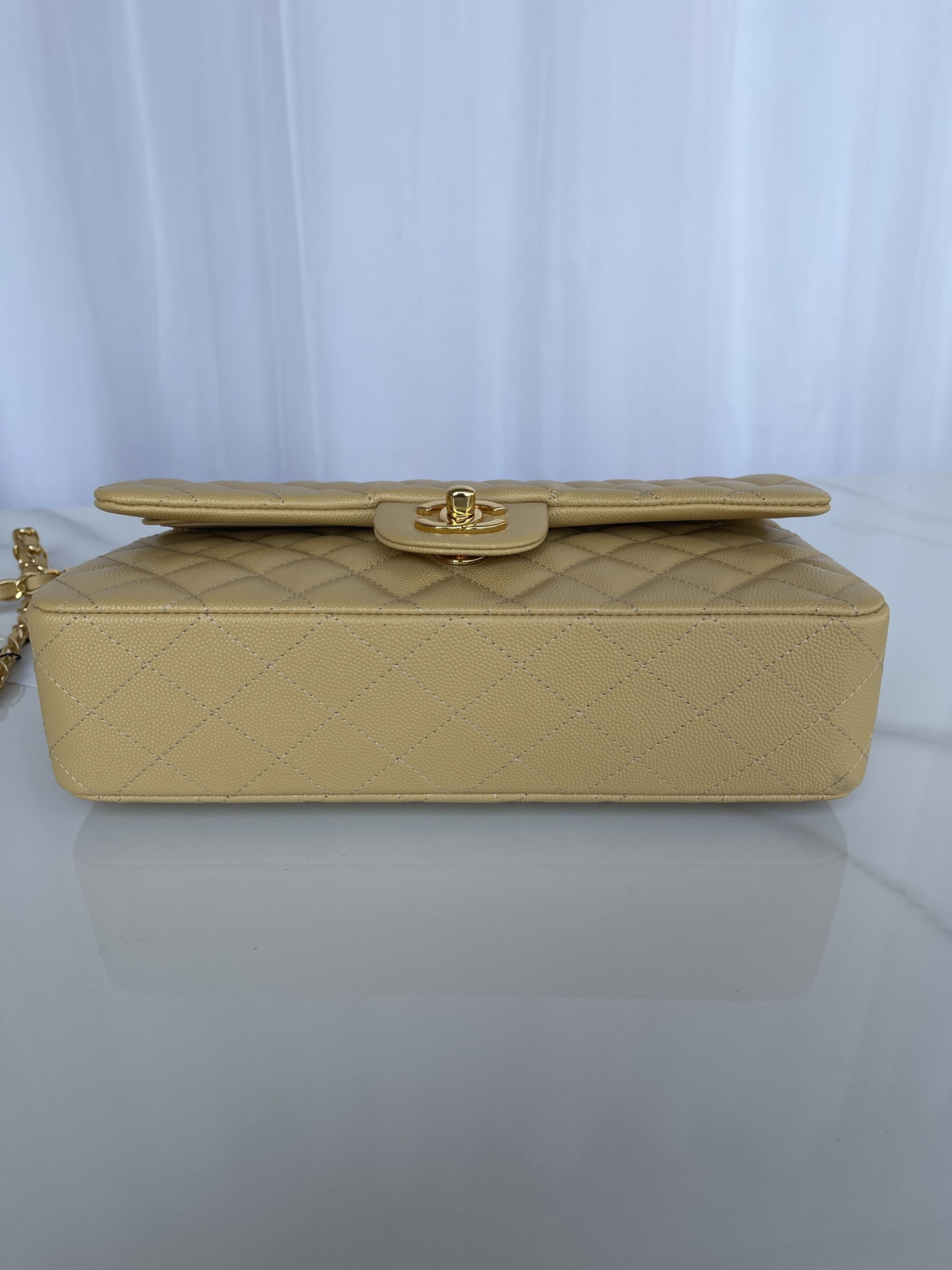 Ch**el CLASSIC HANDBAG GRAINED CALFSKIN & GOLD-TONE METAL YELLOW 6 × 9.9 × 2.5 in