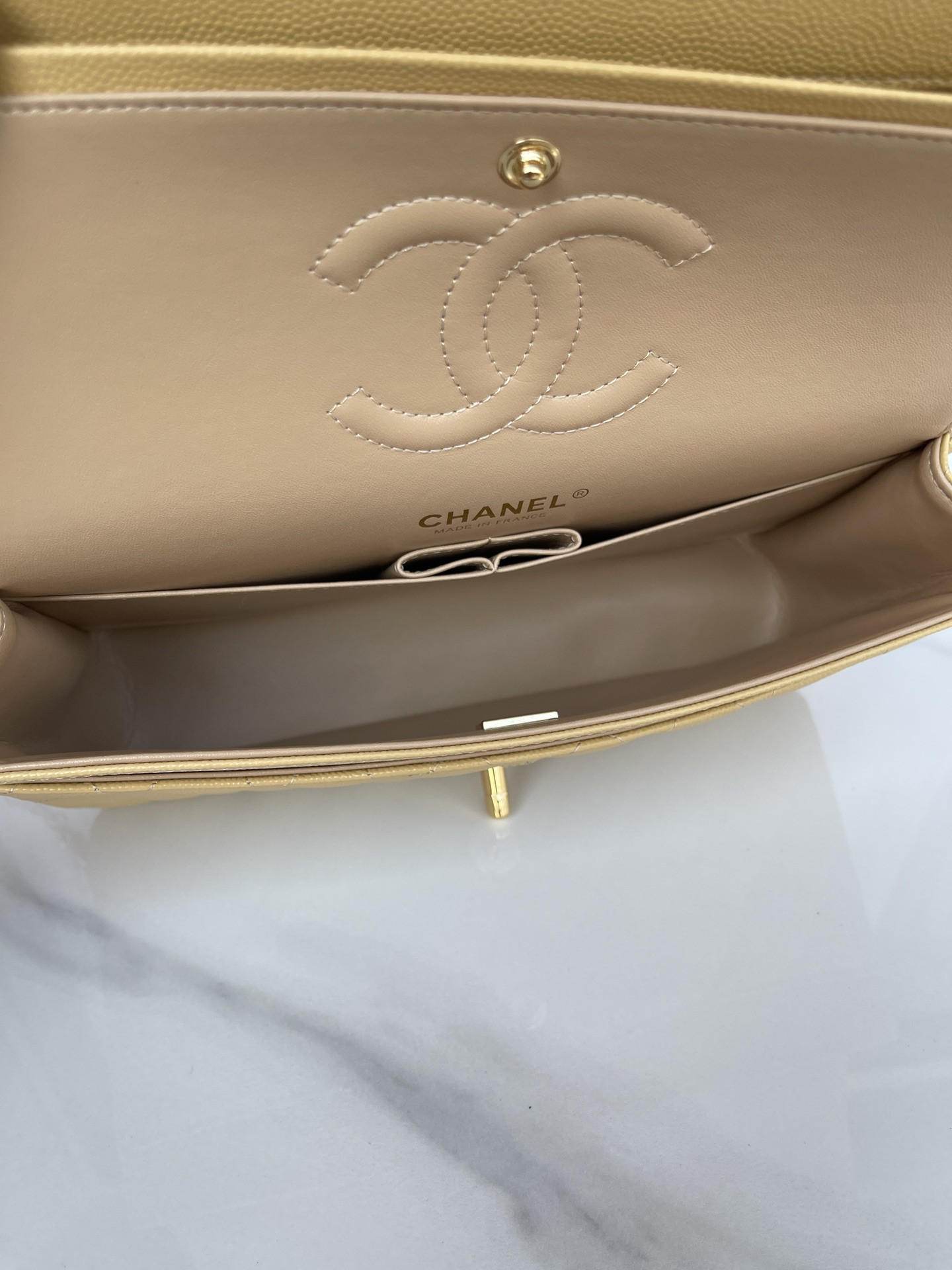 Ch**el CLASSIC HANDBAG GRAINED CALFSKIN & GOLD-TONE METAL YELLOW 6 × 9.9 × 2.5 in