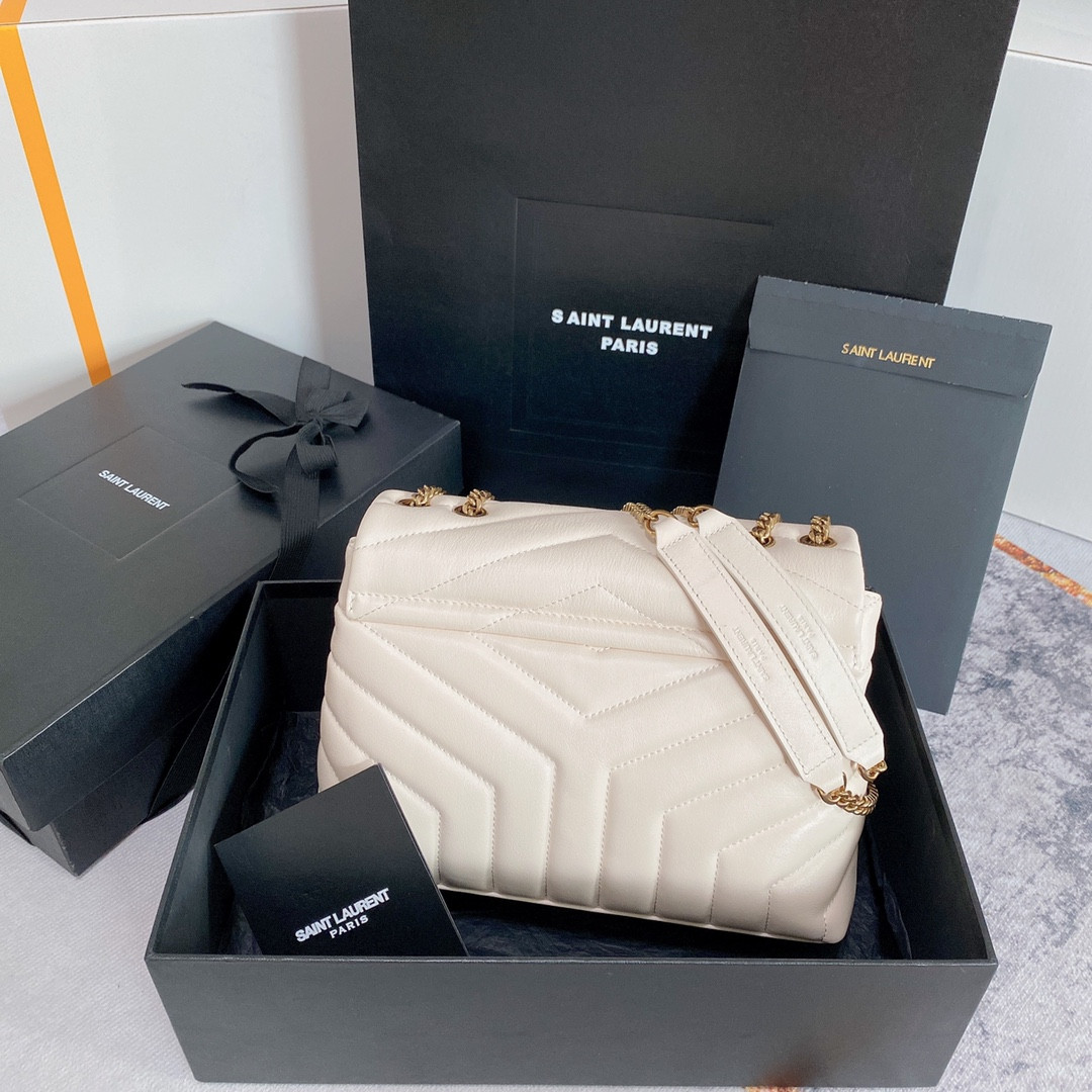 Y51 LOULOU SMALL IN QUILTED LEATHER WHITE GOLD 9 X 6.1 X 3.3 INCHES