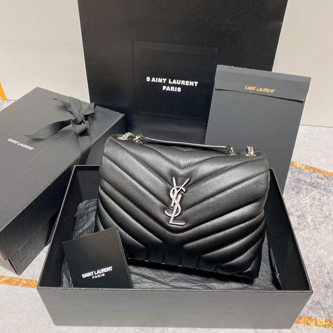 Y51 LOULOU SMALL IN QUILTED LEATHER BLACK SILVER 9 X 6.1 X 3.3 INCHES