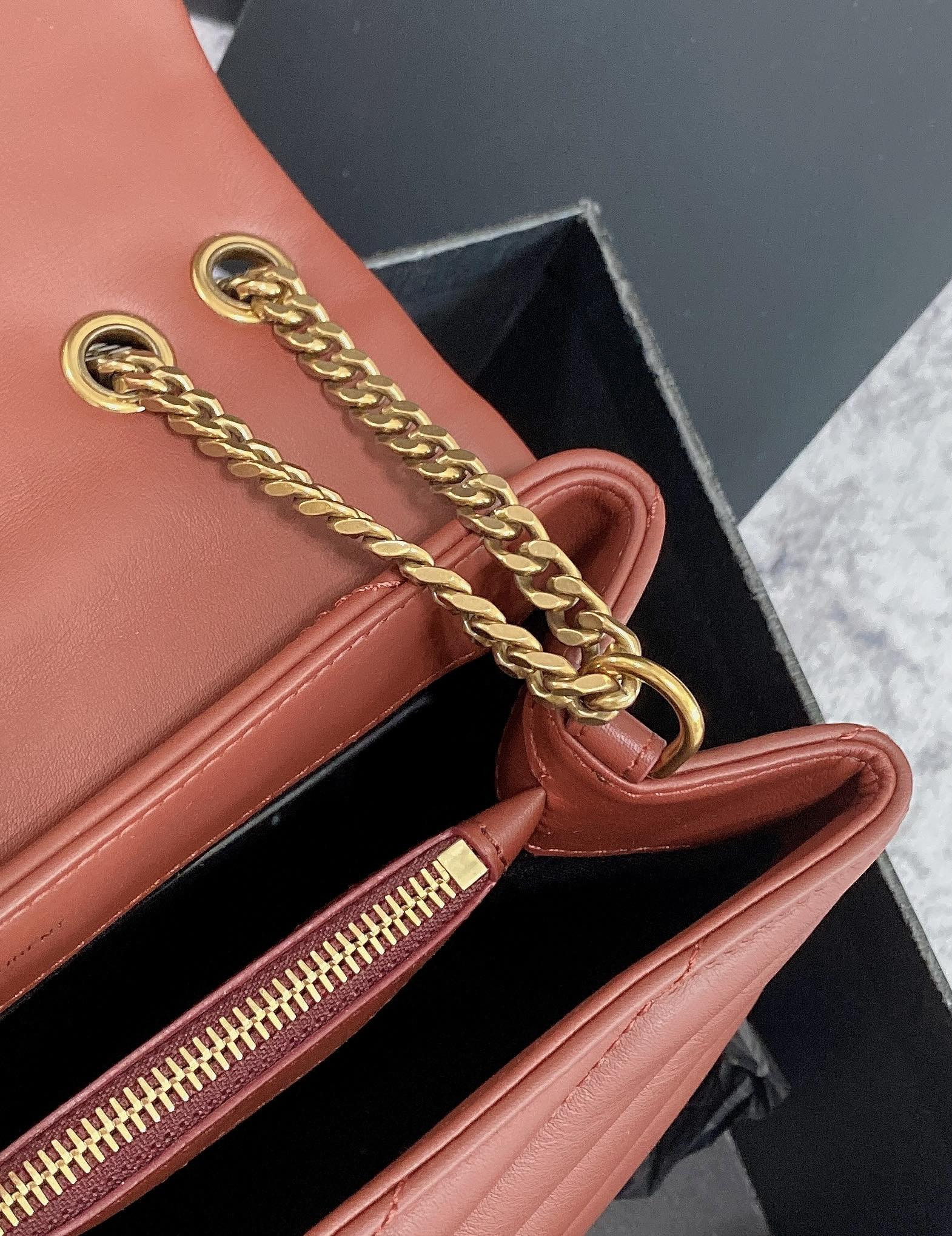 Y51 LOULOU SMALL IN QUILTED LEATHER RED GOLD 9 X 6.1 X 3.3 INCHES