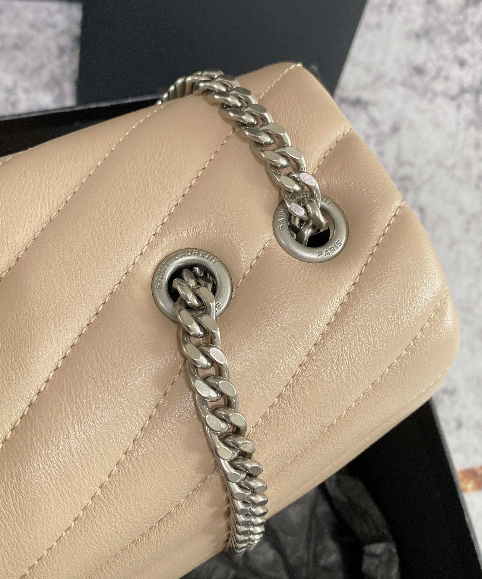 Y51 LOULOU MEDIUM IN QUILTED LEATHER DARK BEIGE SILVER 12.5 X 8.6 X 3.5 INCHES