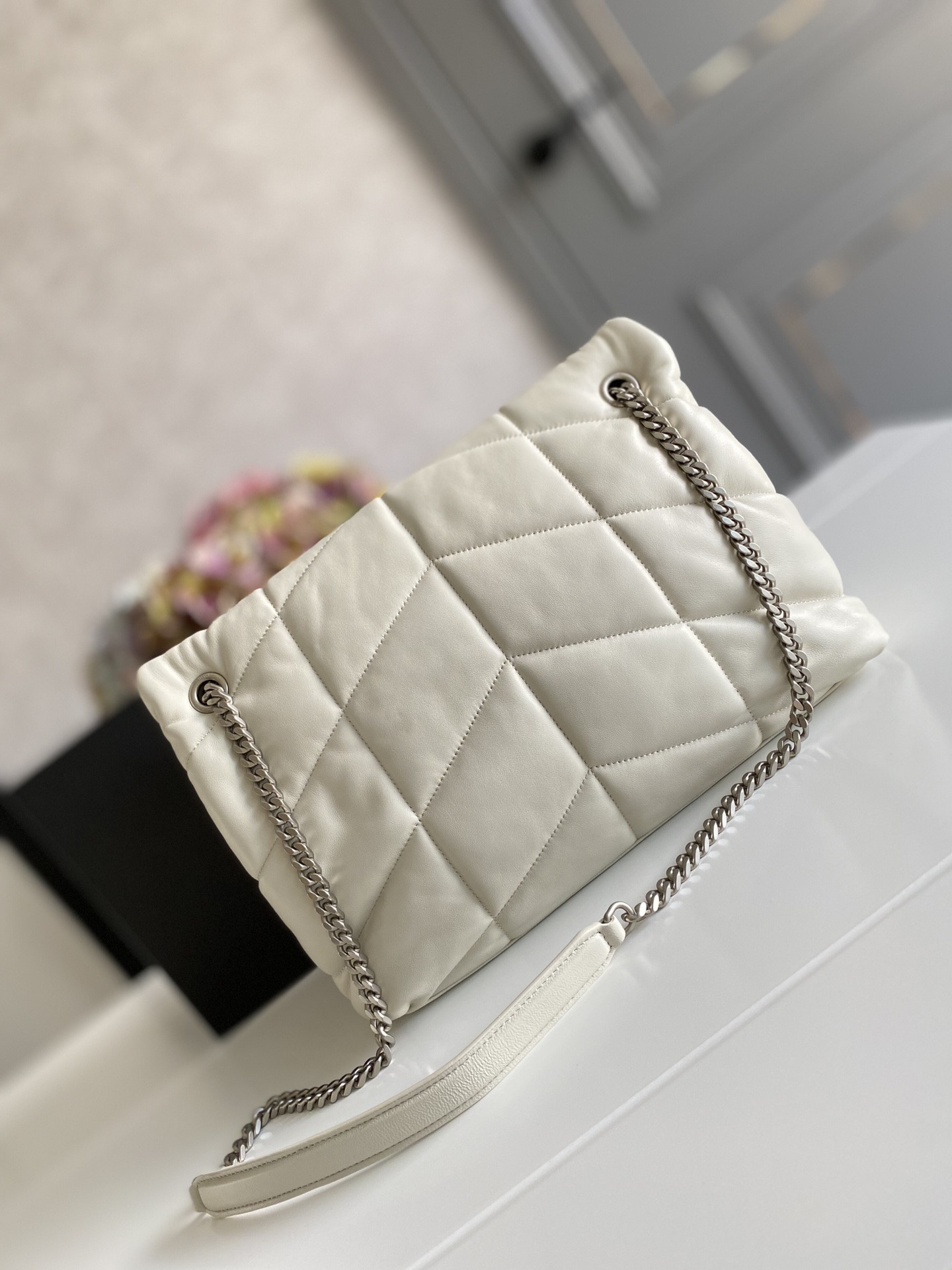 Y51 PUFFER MEDIUM IN NAPPA LEATHER WHITE SILVER 13.7 X 9 X 5.3 INCHES
