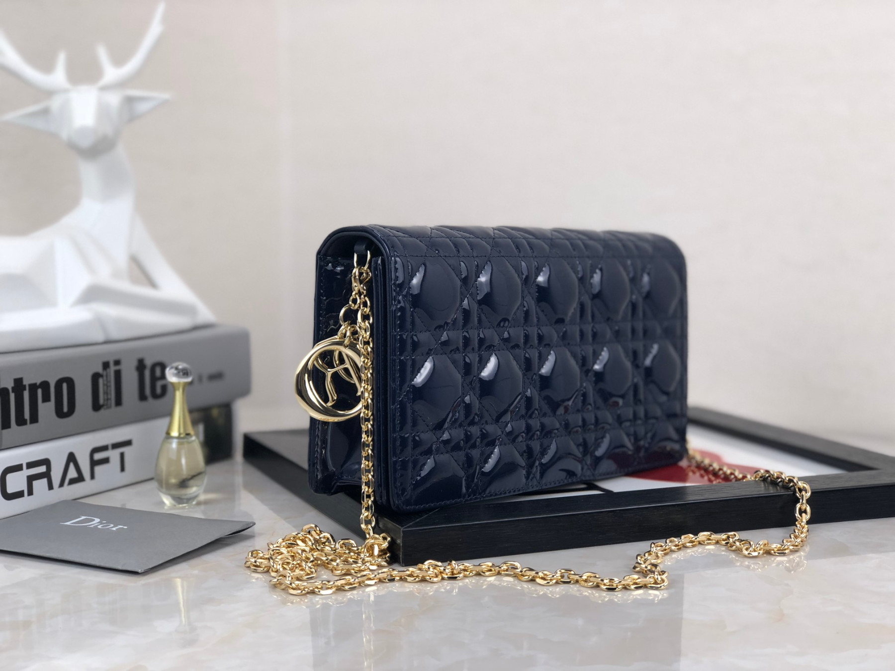 Lady D10r Pouch  Navy Patent Cannage Calfskin 8.5 x 4.5 x 1 inches