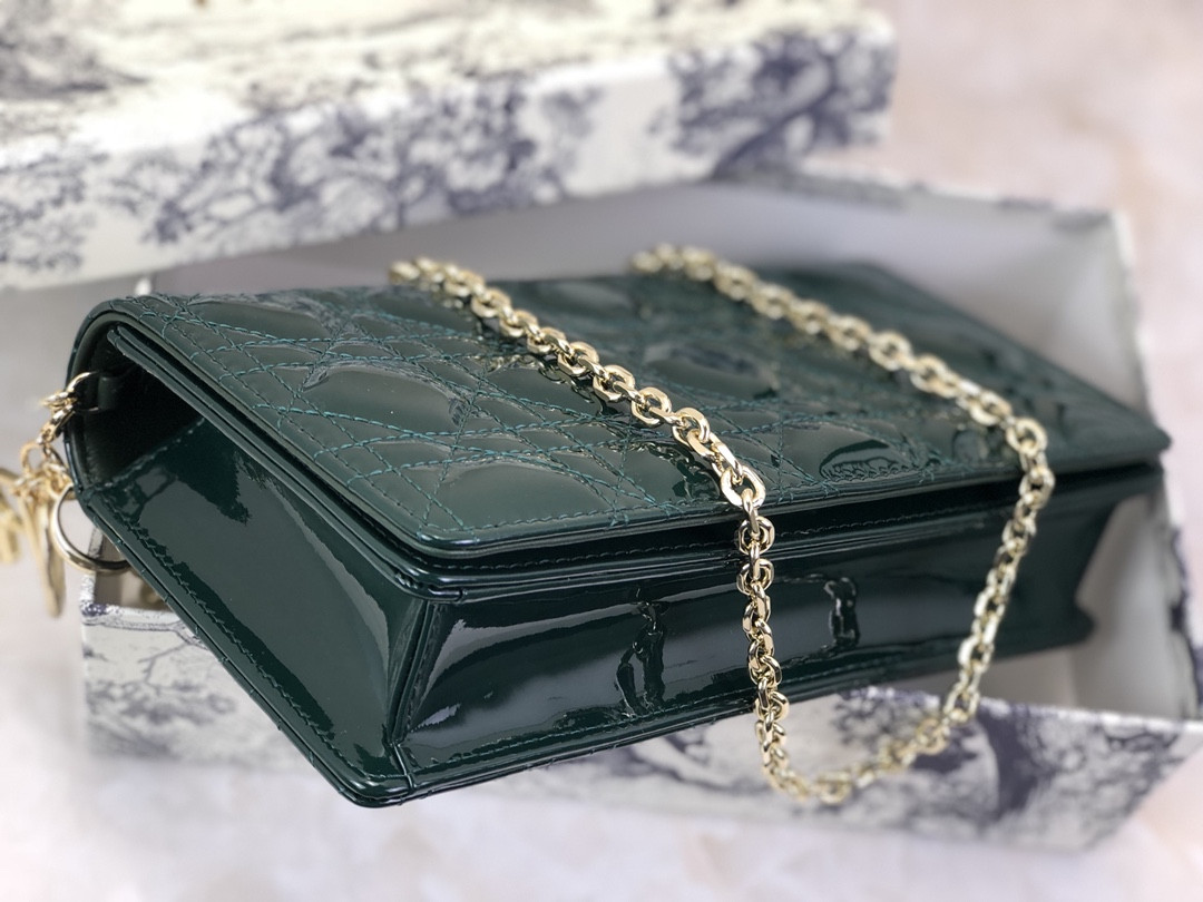Lady D10r Pouch Dark Green Patent Cannage Calfskin 8.5 x 4.5 x 1 inches