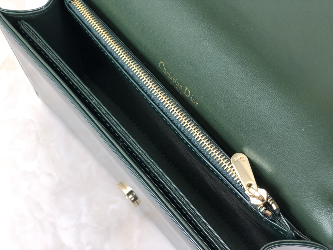 Lady D10r Pouch Dark Green Patent Cannage Calfskin 8.5 x 4.5 x 1 inches