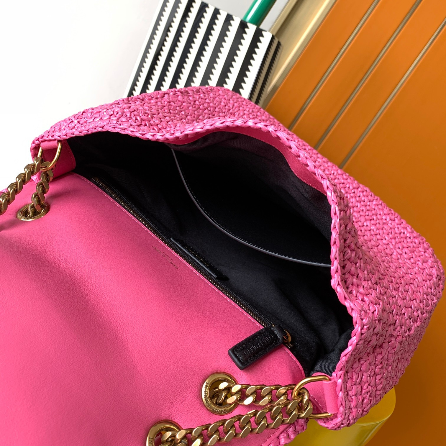 Y51 NIKI MEDIUM CHAIN BAG IN RAFFIA AND LEATHER 11 X 7.8 X 3.3 INCHES