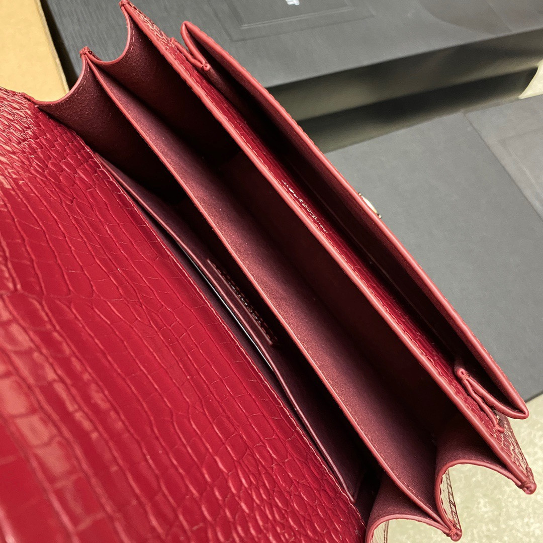 Y51 SUNSET MEDIUM IN CROCODILE-EMBOSSED LEATHER RED VELVET 8 X 6.2 X 2.5 INCHES