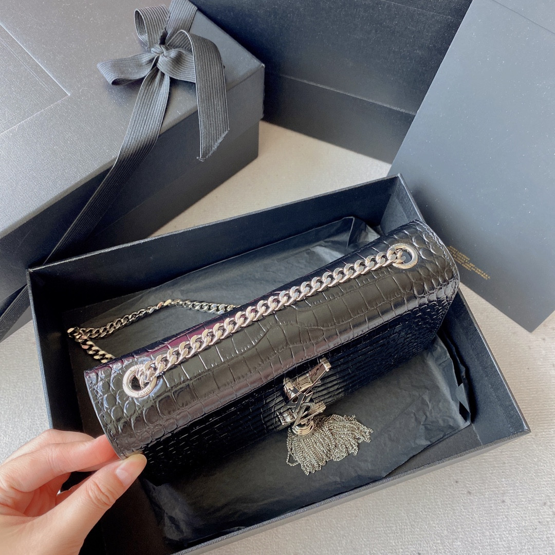 Y51 KATE MEDIUM TASSEL IN CROCODILE-EMBOSSED LEATHER BLACK 9.4 X 5.7 X 2.1 INCHES