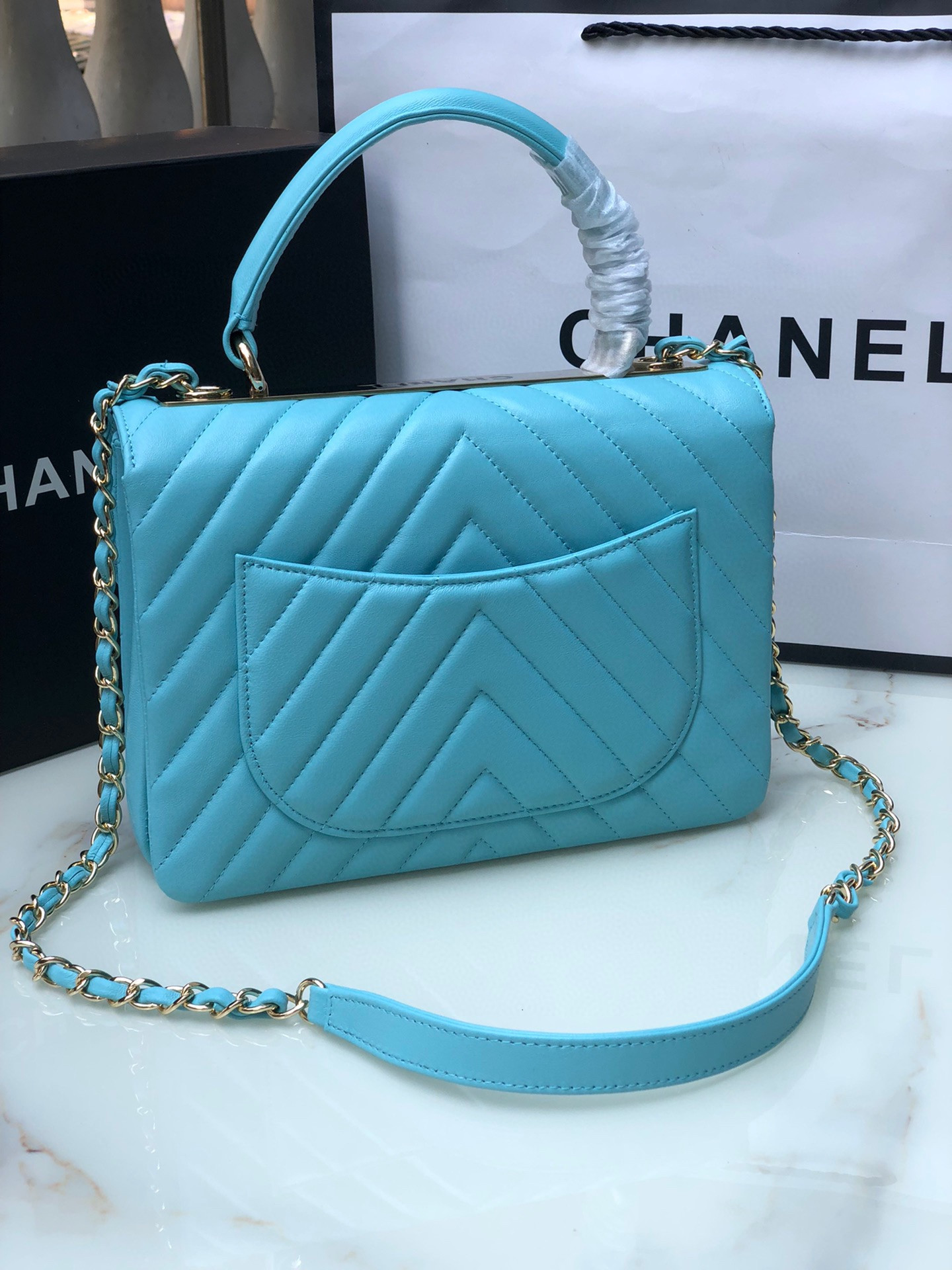 Ch**el FLAP BAG WITH TOP HANDLE 6.6 × 9.8 × 4.7 in