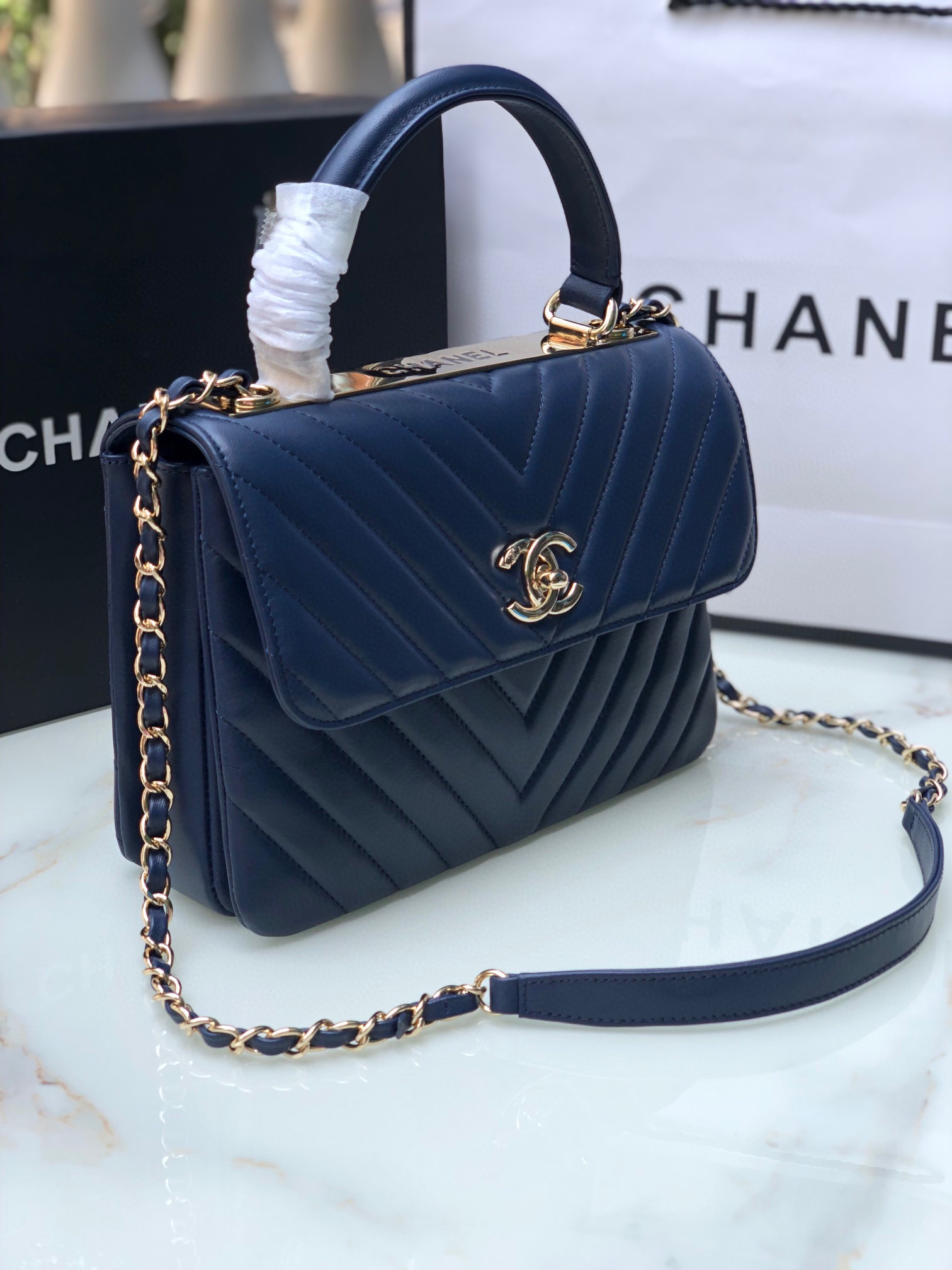 Ch**el FLAP BAG WITH TOP HANDLE NAVY 6.6 × 9.8 × 4.7 in